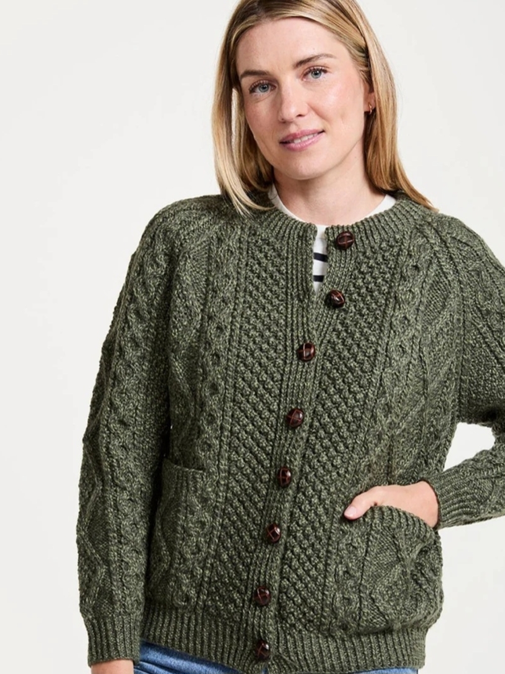 Chunky Olive Cable-Knit Button Cardigan